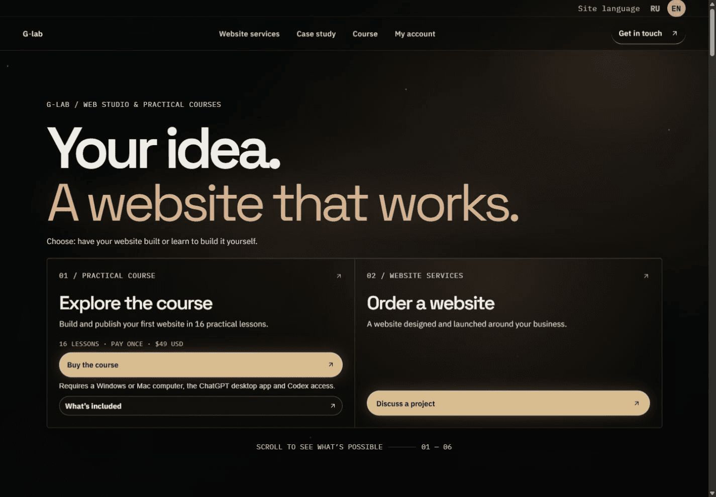 G-lab homepage for custom website services and the 16-lesson course